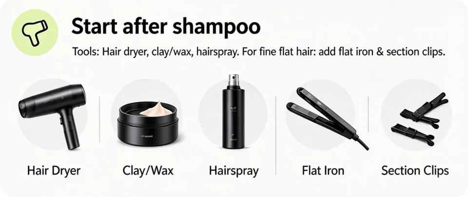 Prepare a hairdryer, hair clay, hairspray, straightener and sectioning clips
